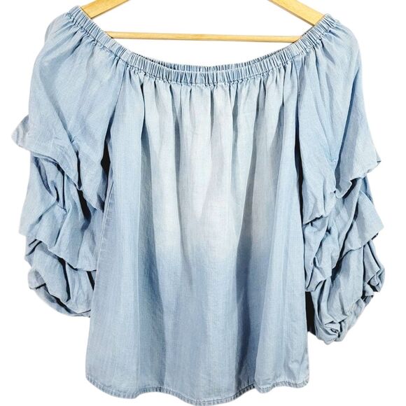 Distressed Chambray Off The Shoulder Tiered Balloon Sleeve Top in Light Blue - Picture 6 of 10
